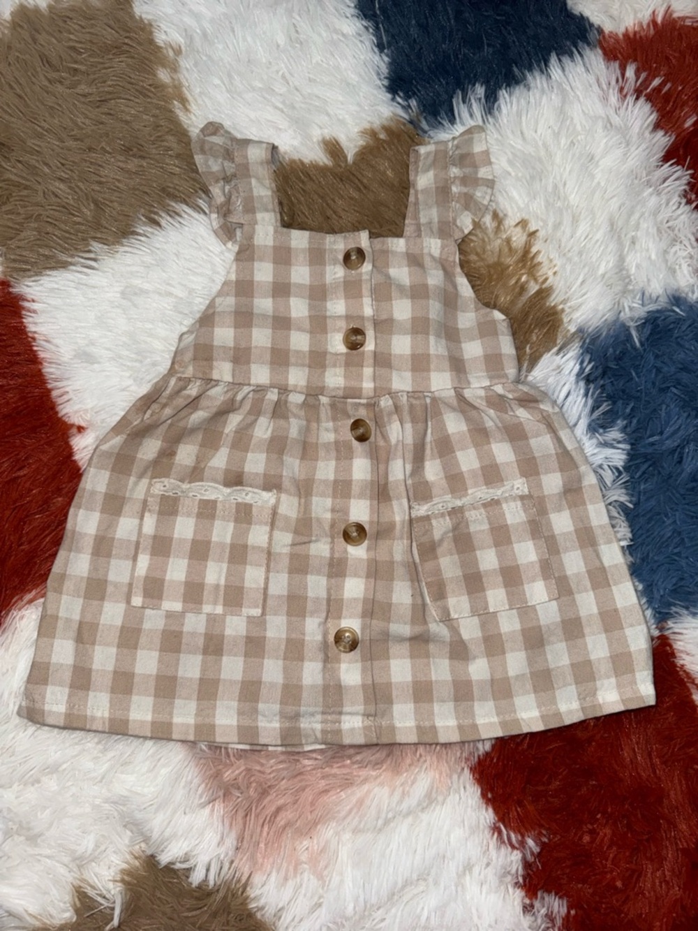 Baby girl Nicole Miller Beige and White Gingham Button-Front Dress